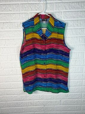 Vintage Silk Quo Silk Multicolor Striped Sleeveless Button Front Top